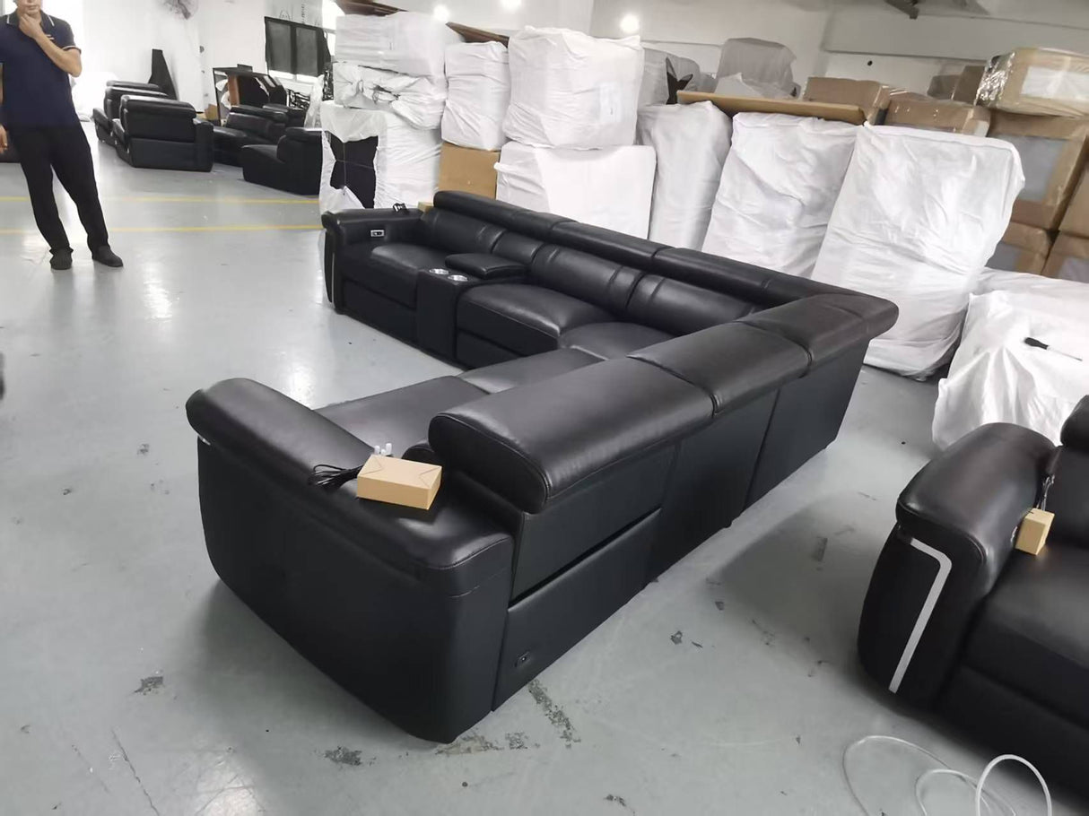 Autumnville Genuine Leather Electric Reclining Corner Sofa (Available in Tanned Brown or Black)