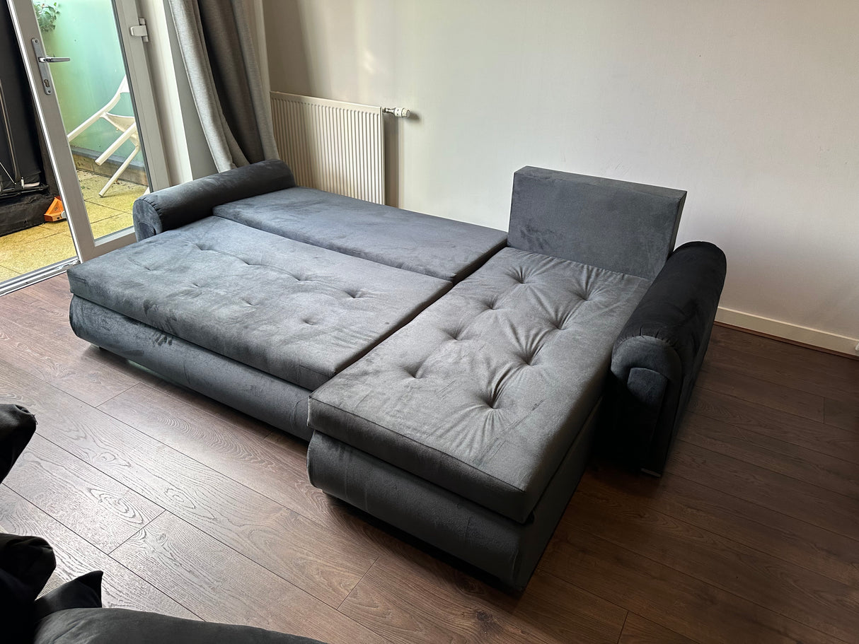 Burton Corner Storage Sofa Bed (available in Plush Velvet Blue, Green, Black, Silver, Mocha or Mustard).