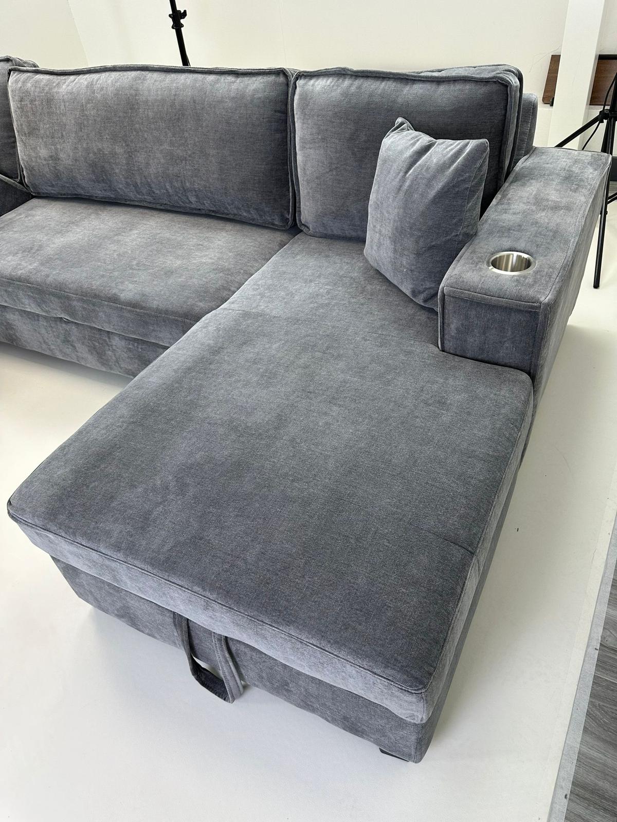 Lancaster U-Shape/Cinema Sofa Bed with Storage and Cup Holders (Available in Chenille Natural or Grey)