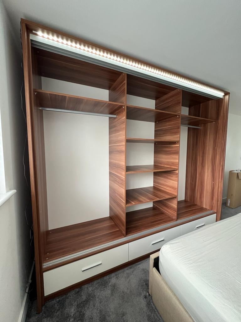 250cm Arizona LED Sliding Door Wardrobe (available in walnut with gloss white or walnut with gloss black)