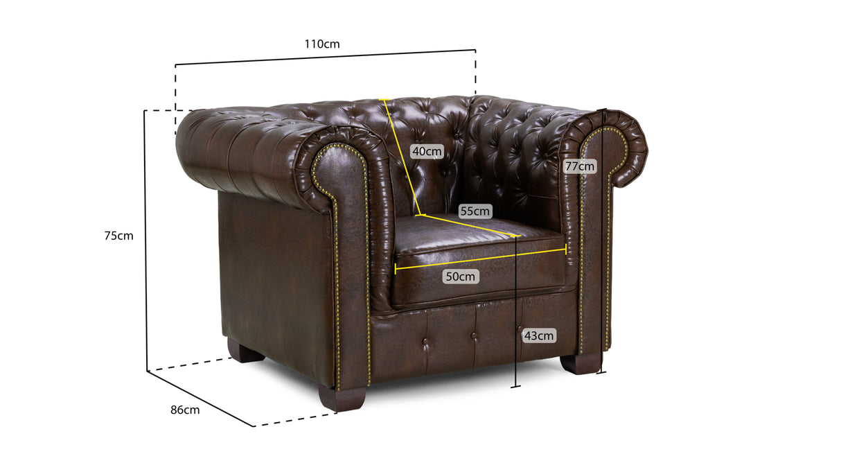 Hampton Armchair Chesterfield Leather Sofa (Available in Black Leather, Antique Brown Leather or Oxblood Red Leather)