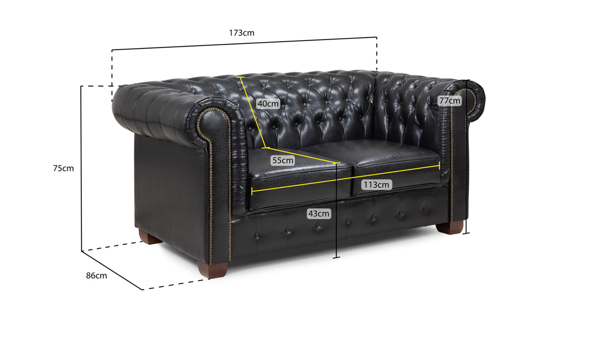 Hampton 2 Seat Chesterfield Leather Sofa (Available in Black Leather, Antique Brown Leather or Oxblood Red Leather)