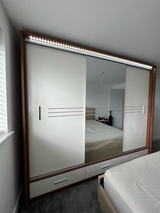 250cm Arizona LED Sliding Door Wardrobe (available in walnut with gloss white or walnut with gloss black)