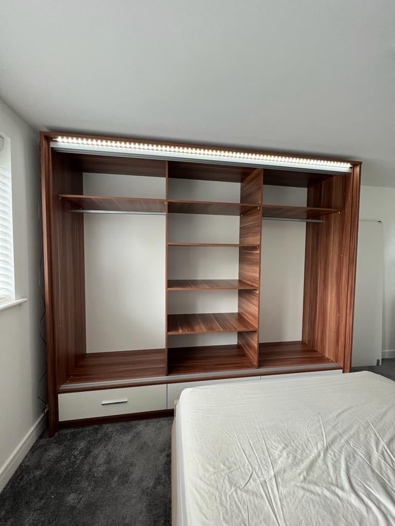 250cm Arizona LED Sliding Door Wardrobe (available in walnut with gloss white or walnut with gloss black)