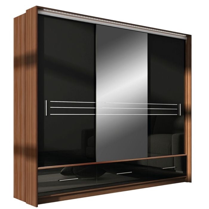 250cm Arizona LED Sliding Door Wardrobe (available in walnut with gloss white or walnut with gloss black)