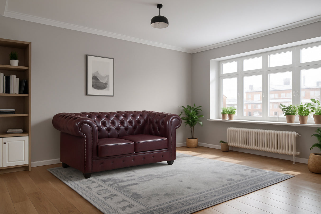 Hampton 2 Seat Chesterfield Leather Sofa (Available in Black Leather, Antique Brown Leather or Oxblood Red Leather)