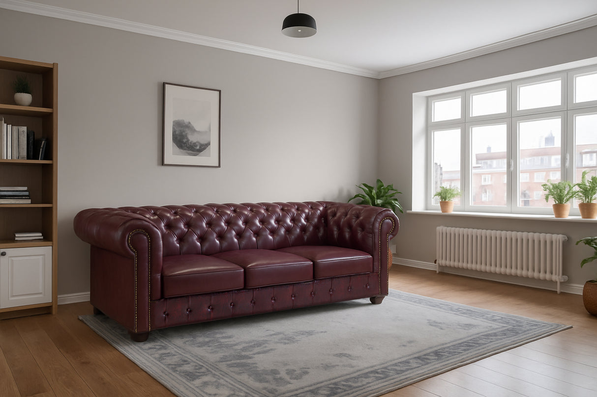 Hampton 3 Seat Chesterfield Leather Sofa (Available in Black Leather, Antique Brown Leather or Oxblood Red Leather)