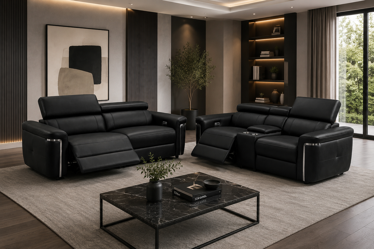 Autumnville Genuine Leather Electric Reclining 3 and 2 Seat Sofa Bundle Deal (Available in Tanned Brown or Black)