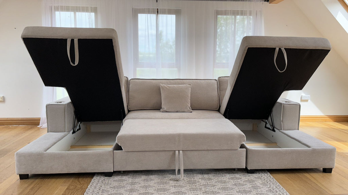 Lancaster U-Shape/Cinema Sofa Bed with Storage and Cup Holders (Available in Chenille Natural or Grey)