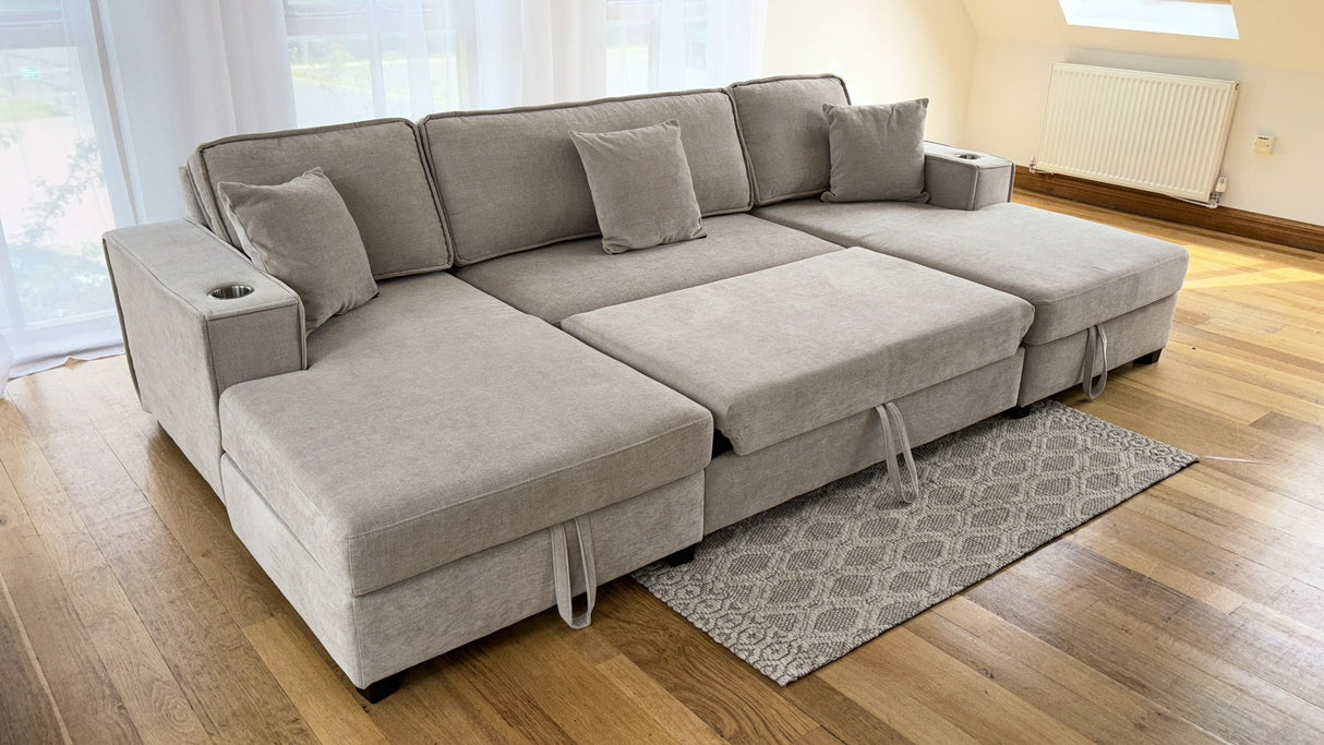 Lancaster U-Shape/Cinema Sofa Bed with Storage and Cup Holders (Available in Chenille Natural or Grey)
