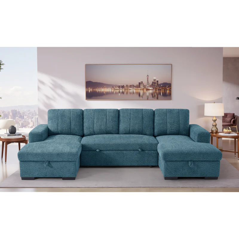 Vareena U-Shape Sofa Bed with Storage (Available in Chenille Light Grey, Dark Grey, Blue, Beige or Green)