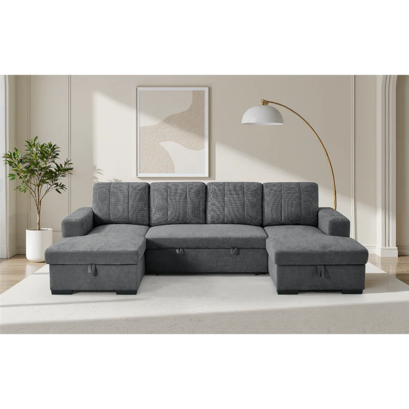 Vareena U-Shape Sofa Bed with Storage (Available in Chenille Light Grey, Dark Grey, Blue, Beige or Green)