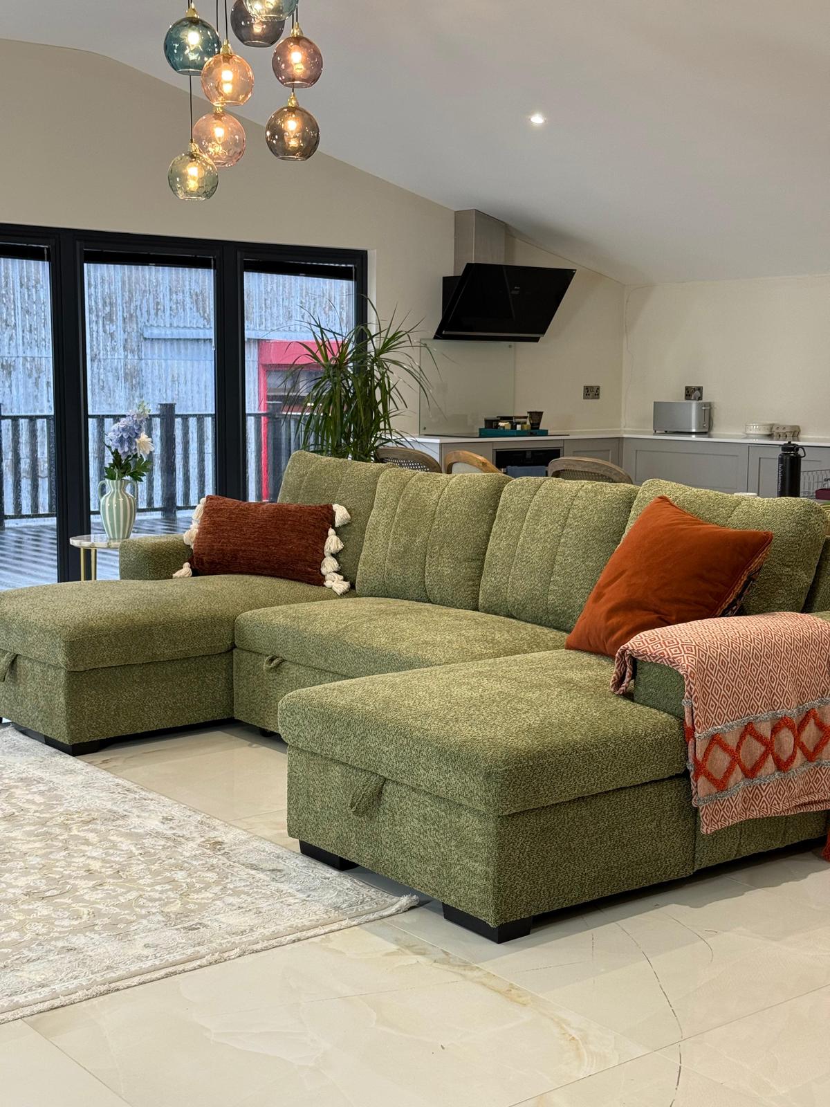 Vareena U-Shape Sofa Bed with Storage (Available in Chenille Light Grey, Dark Grey, Blue, Beige or Green)