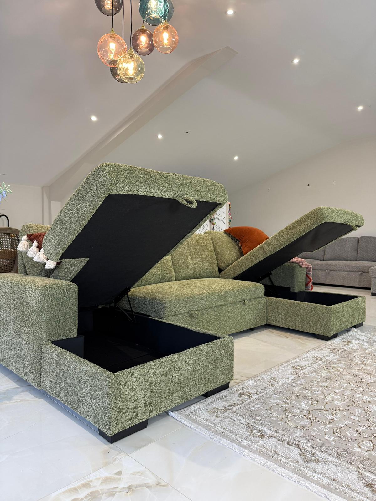 Vareena U-Shape Sofa Bed with Storage (Available in Chenille Light Grey, Dark Grey, Blue, Beige or Green)