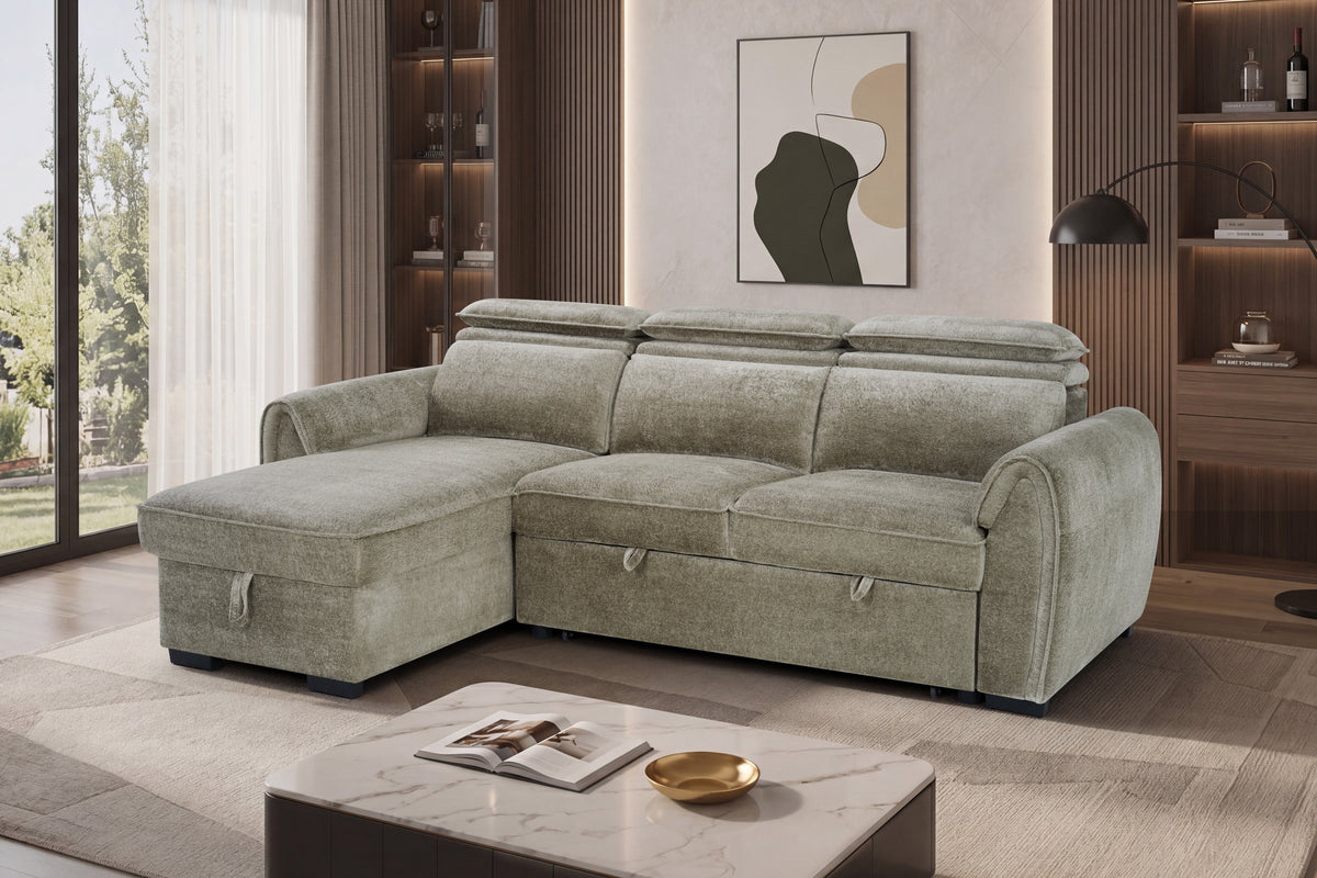 Marseille Corner Storage Sofa Bed (Available in Mushroom, Grey or Light Grey)