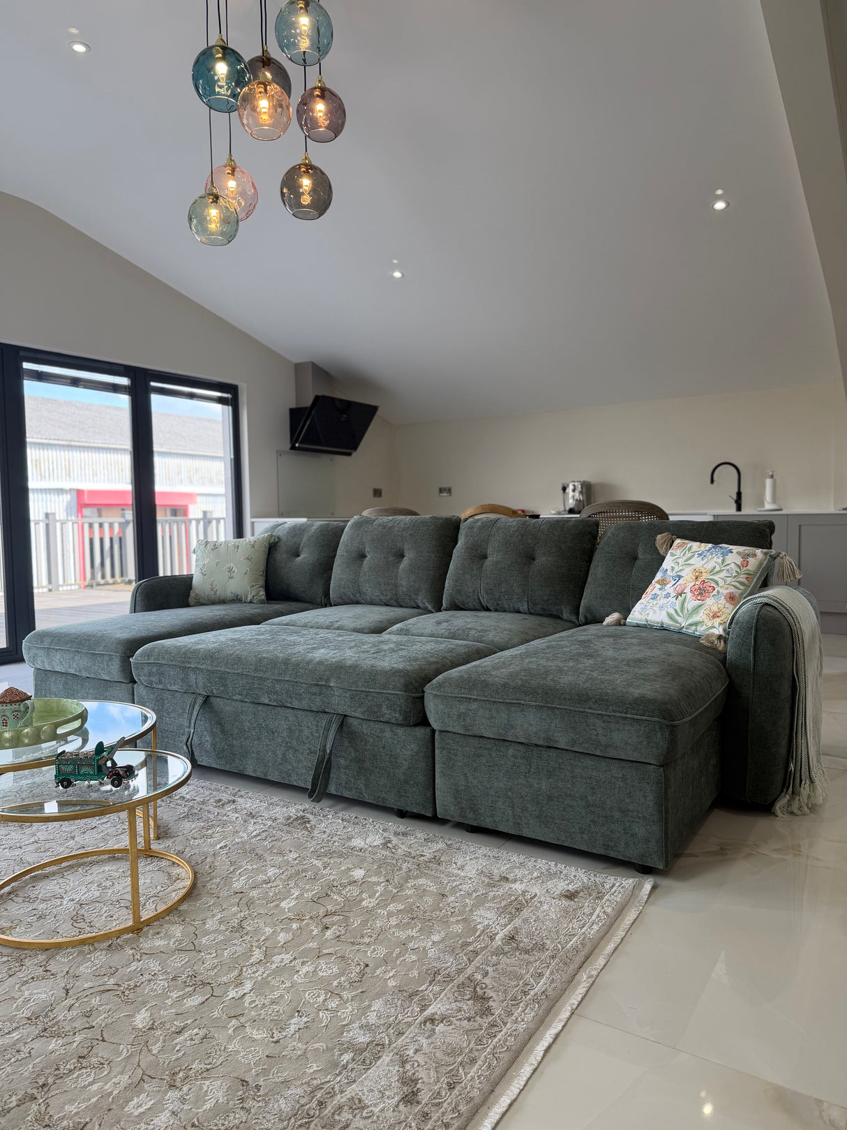 Samara U-Shape Sofa Bed with Storage (Available in Chenille Grey, Blue, Beige or Green)