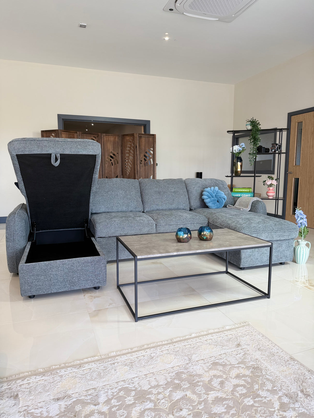 Samara U-Shape Sofa Bed with Storage (Available in Chenille Grey, Blue, Beige or Green)