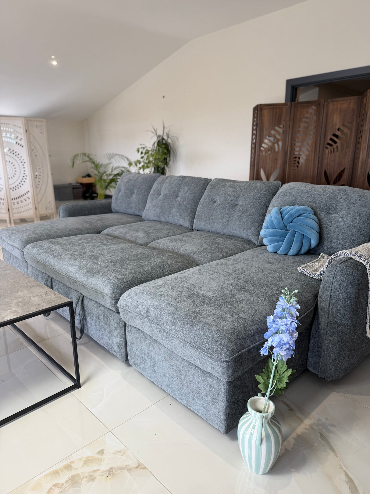 Samara U-Shape Sofa Bed with Storage (Available in Chenille Grey, Blue, Beige or Green)