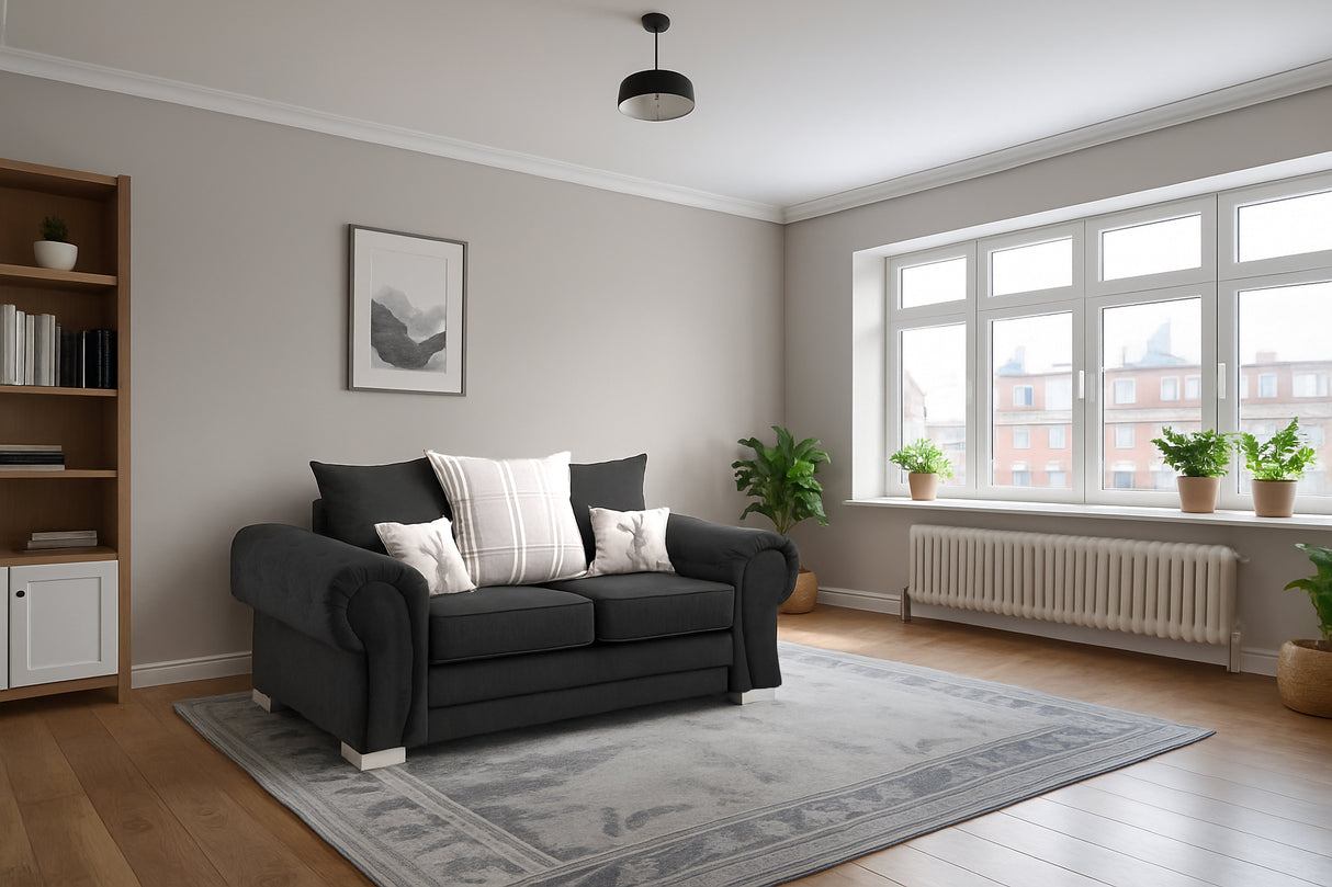 Charlotte 2 Seat Scatter Back Sofa (Available in Chenille Black or Grey)