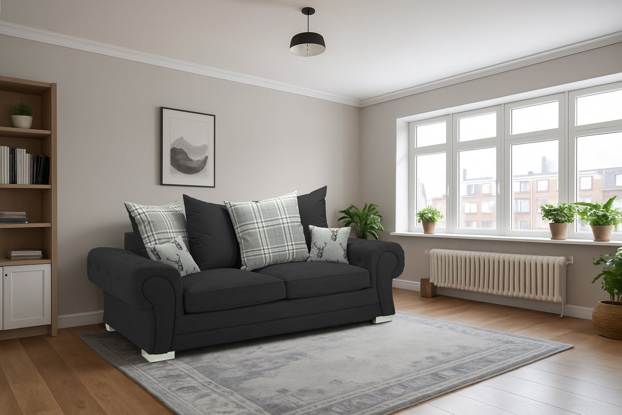 Charlotte 3 Seat Scatter Back Sofa (Available in Chenille Black or Grey)