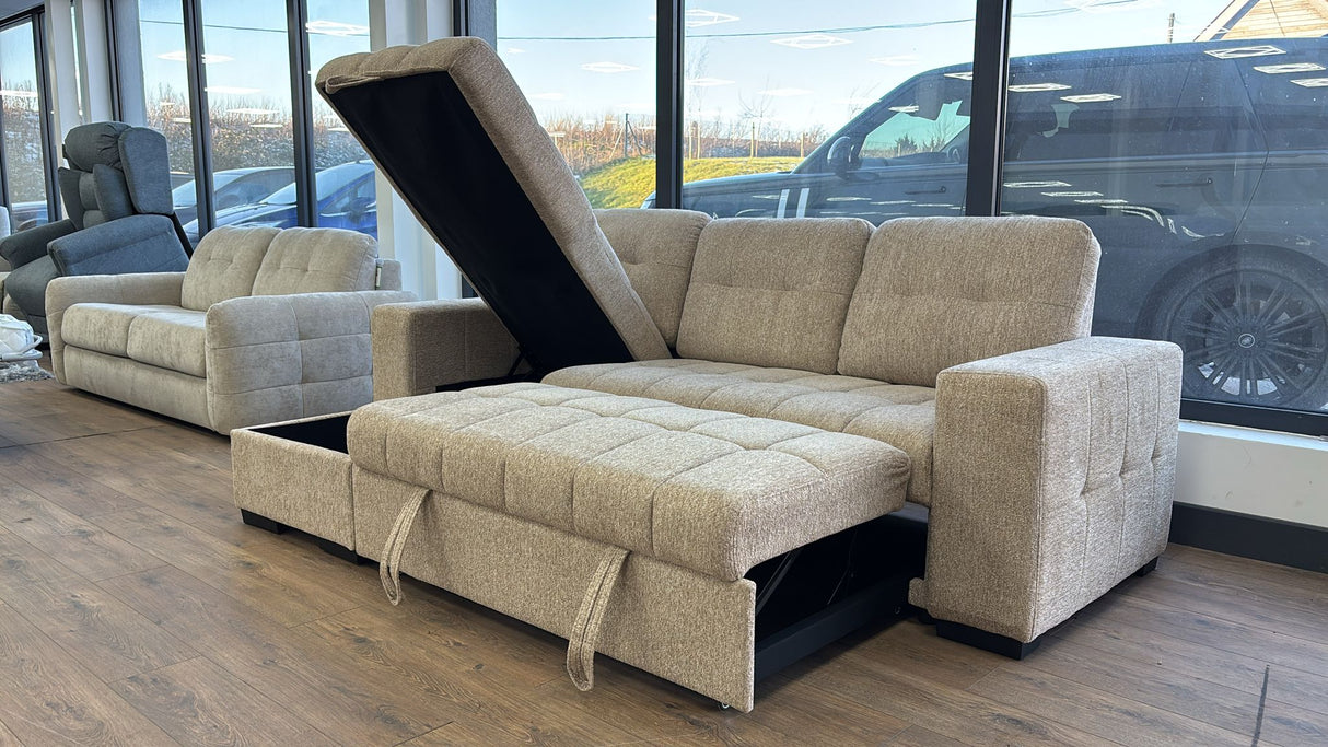 Milano Corner Sofa Bed with Storage (Available in Chenille Beige, Dark Grey or Teal)