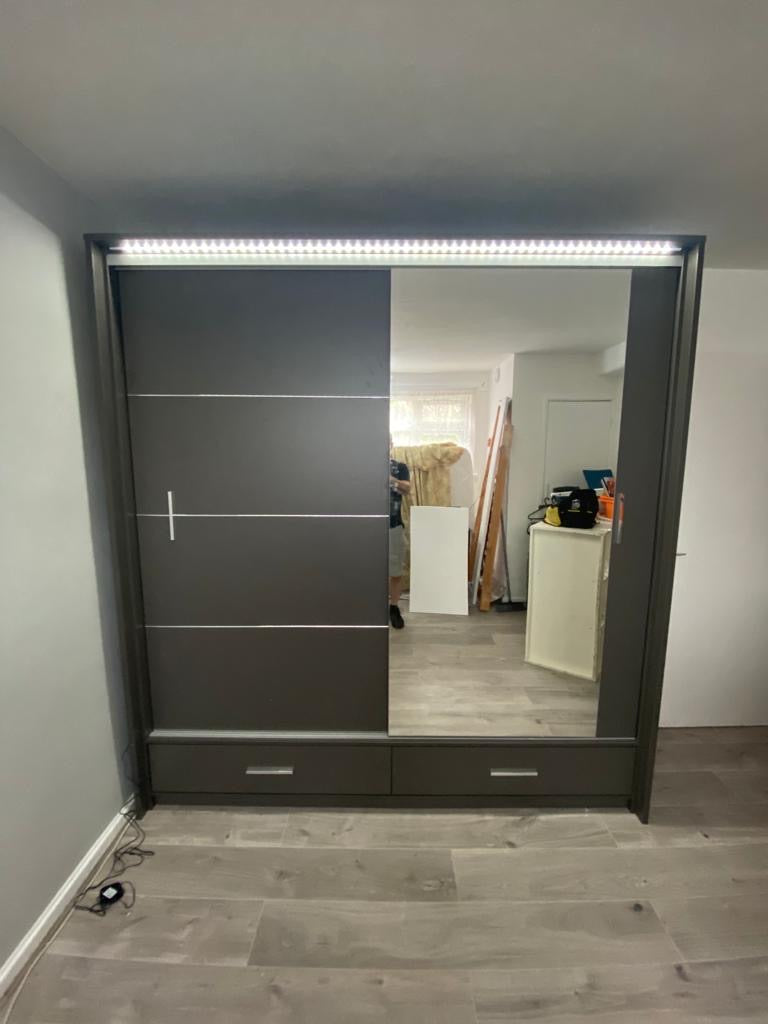 208cm Detroit LED Sliding Door Wardrobe (available in gloss white, gloss black and matte grey)