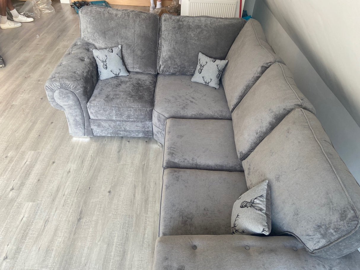 Charlotte Small Corner Full Back Sofa (Available in Chenille Grey or Black)
