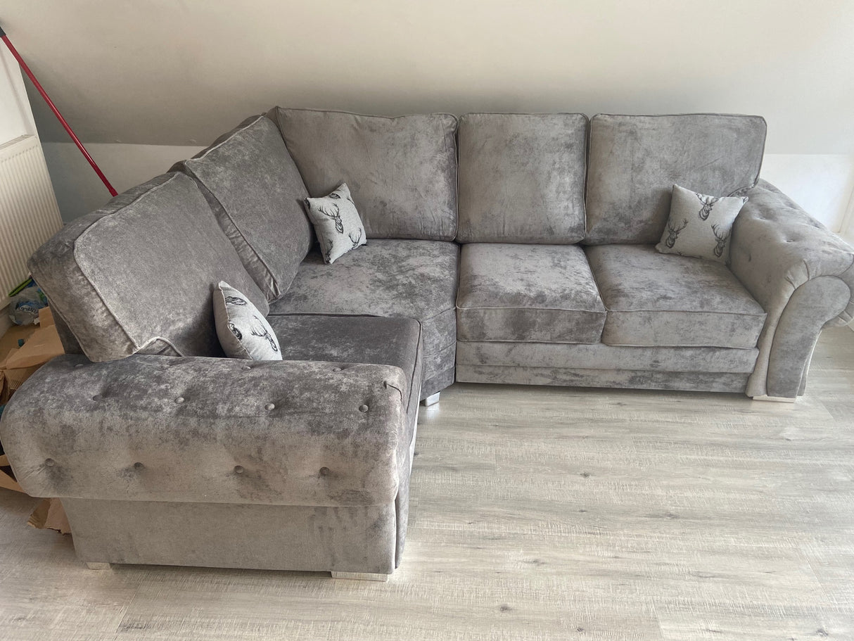 Charlotte Small Corner Full Back Sofa (Available in Chenille Grey or Black)