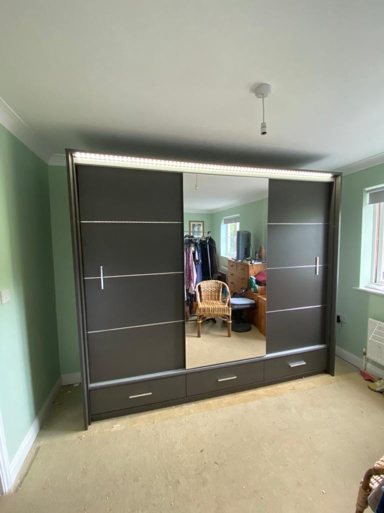 255cm Detroit LED Sliding Door Wardrobe (available in gloss white, gloss black and matte grey)