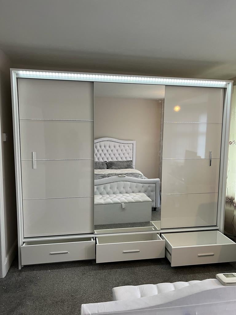 255cm Detroit LED Sliding Door Wardrobe (available in gloss white, gloss black and matte grey)