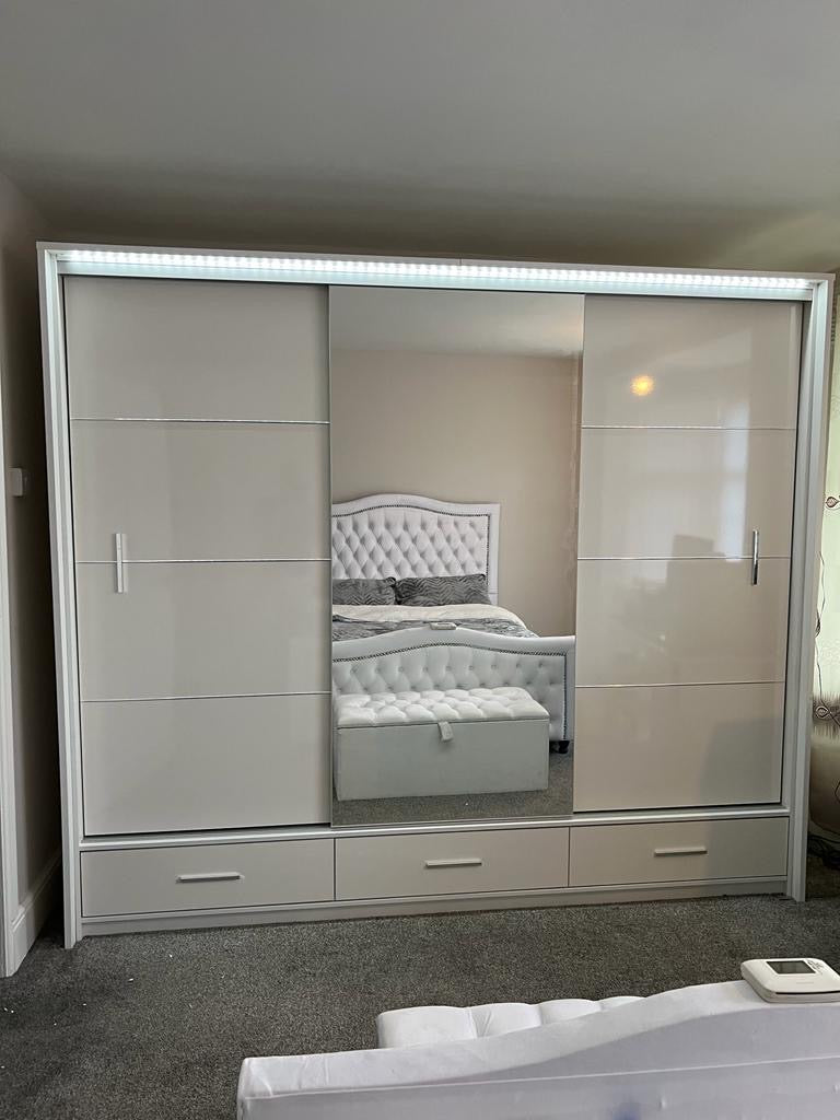 255cm Detroit LED Sliding Door Wardrobe (available in gloss white, gloss black and matte grey)