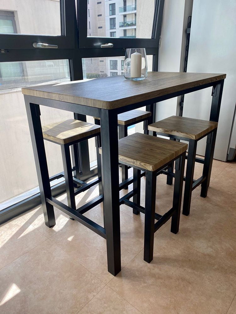 Ellson Bar Set Rustic Oak Top and Black Metal Legs