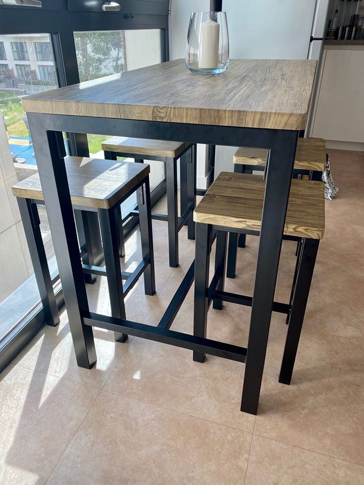 Ellson Bar Set Rustic Oak Top and Black Metal Legs