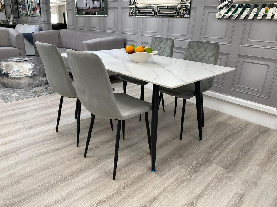 Milan White Ceramic Dining Table with Thea Chairs (Available in velvet black or grey velvet)