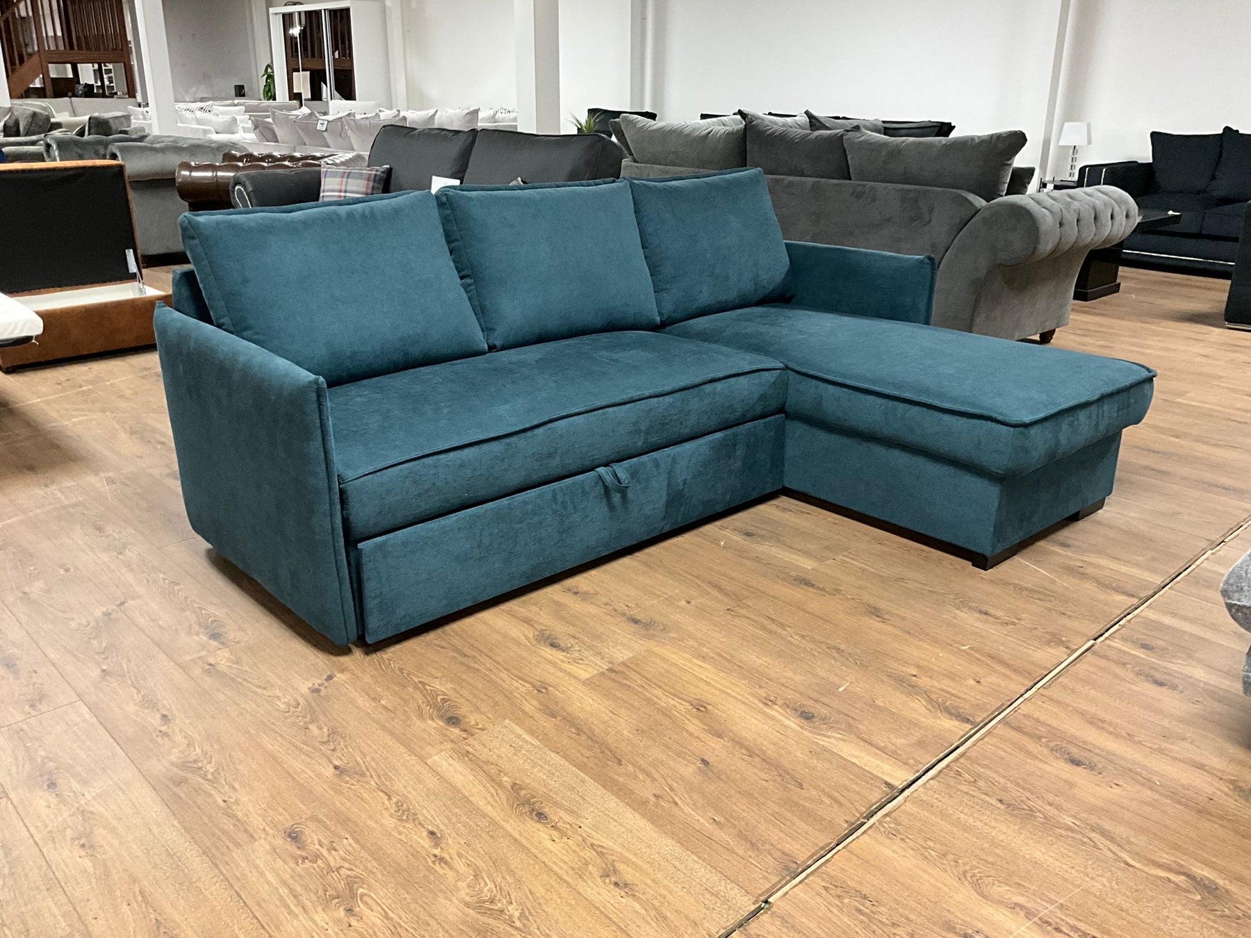 Megan Corner Sofa Bed with Storage (Available in Chenille Teal, Light Grey or Stone)