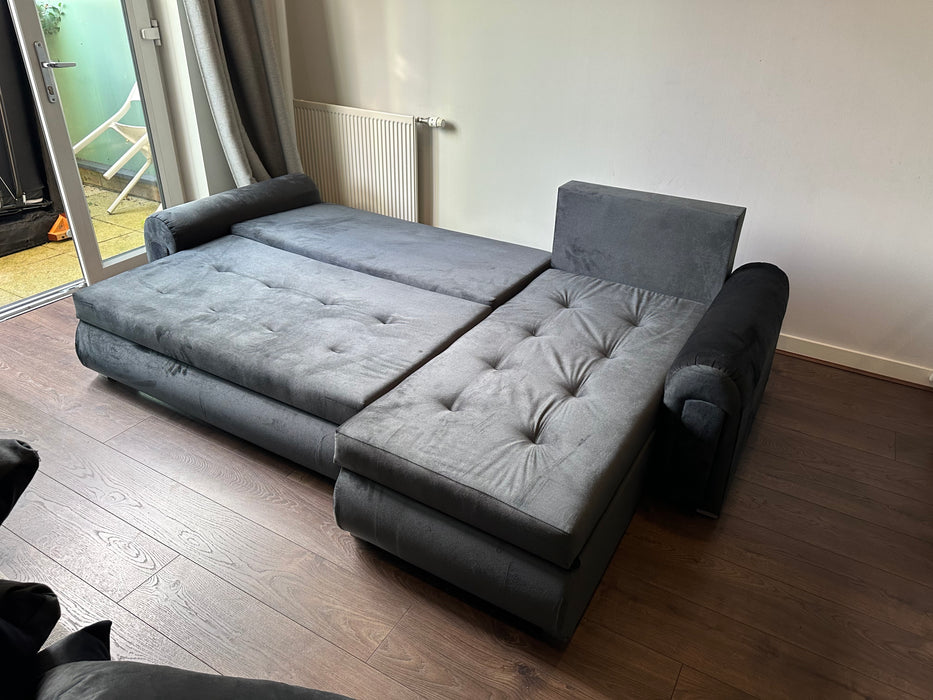Burton Corner Storage Sofa Bed (available in Plush Velvet Blue, Green, Black, Silver, Mocha or Mustard).