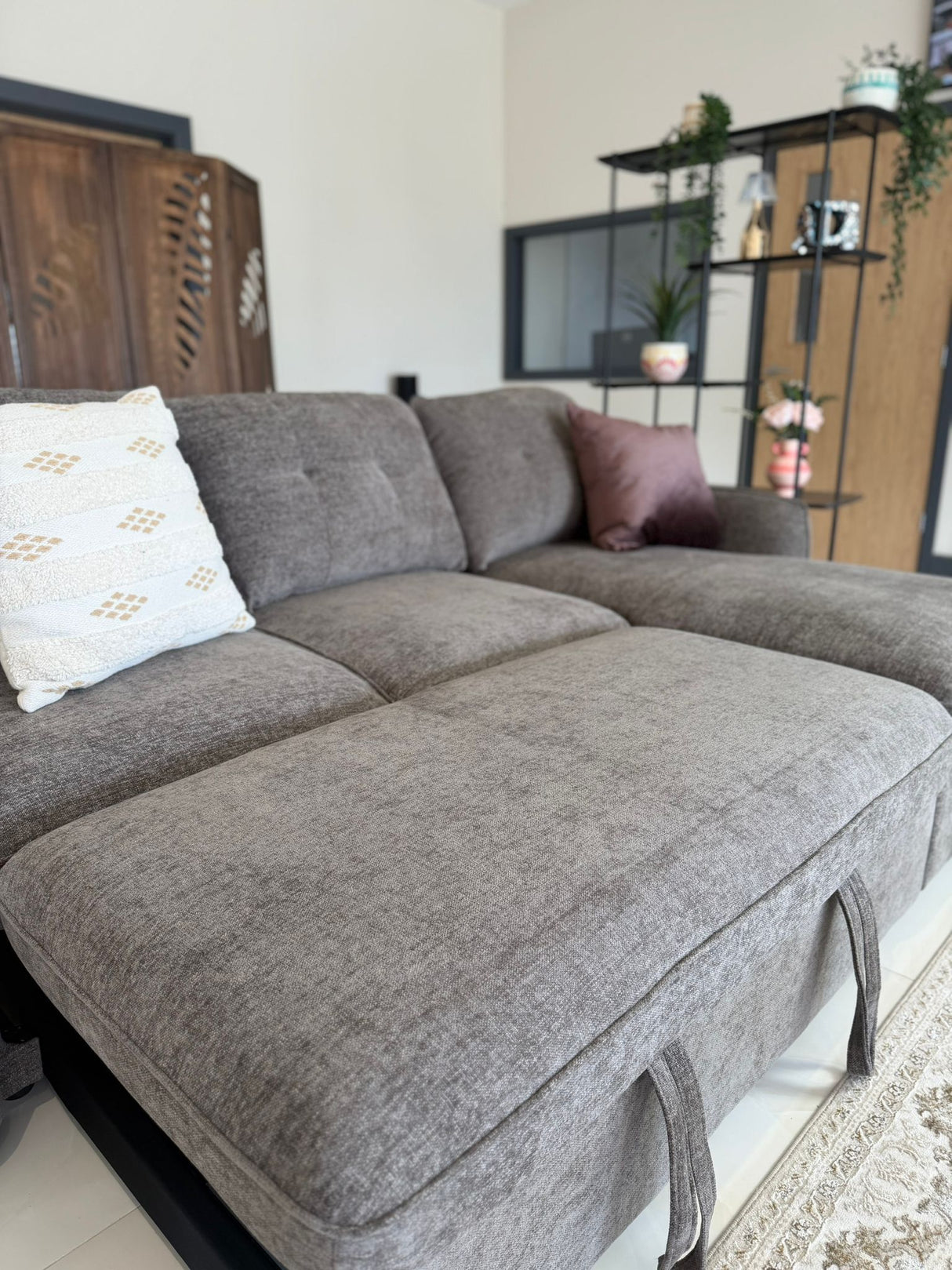 Samara Corner Sofa Bed with Storage (Available in Chenille Grey, Brown, Beige or Green)