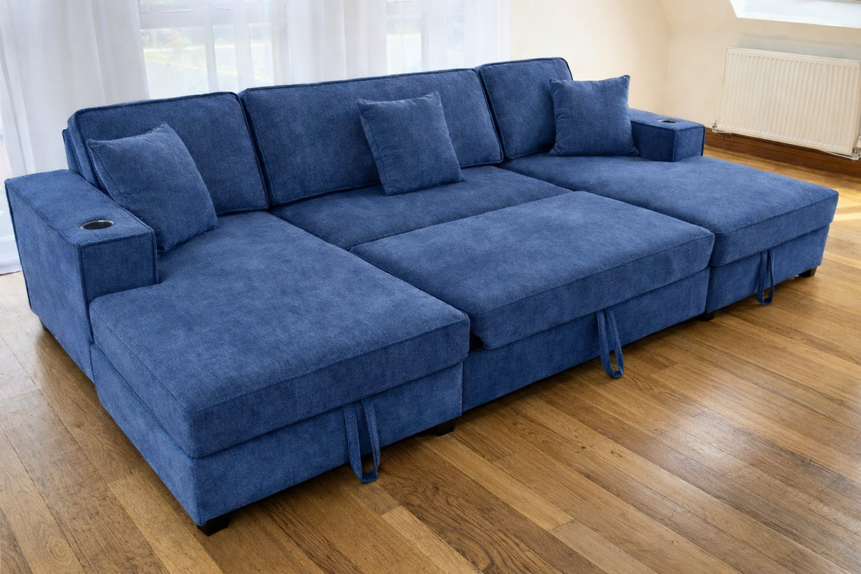 Lancaster U-Shape/Cinema Sofa Bed with Storage and Cup Holders (Available in Chenille Natural, Navy Blue or Grey)