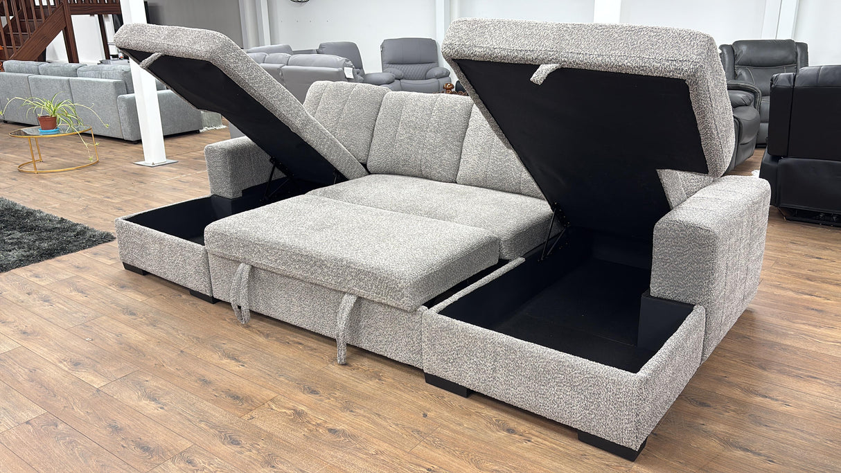 Vareena U-Shape Sofa Bed with Storage (Available in Chenille Light Grey, Dark Grey, Blue, Beige or Green)
