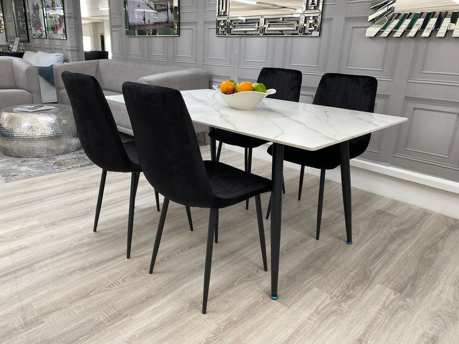 Milan White Ceramic Dining Table with Thea Chairs (Available in velvet black or grey velvet)