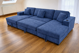 Lancaster U-Shape/Cinema Sofa Bed with Storage and Cup Holders (Available in Chenille Natural, Navy Blue or Grey)