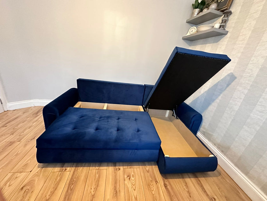 Burton Corner Storage Sofa Bed (available in Plush Velvet Blue, Green, Black, Silver, Mocha or Mustard).