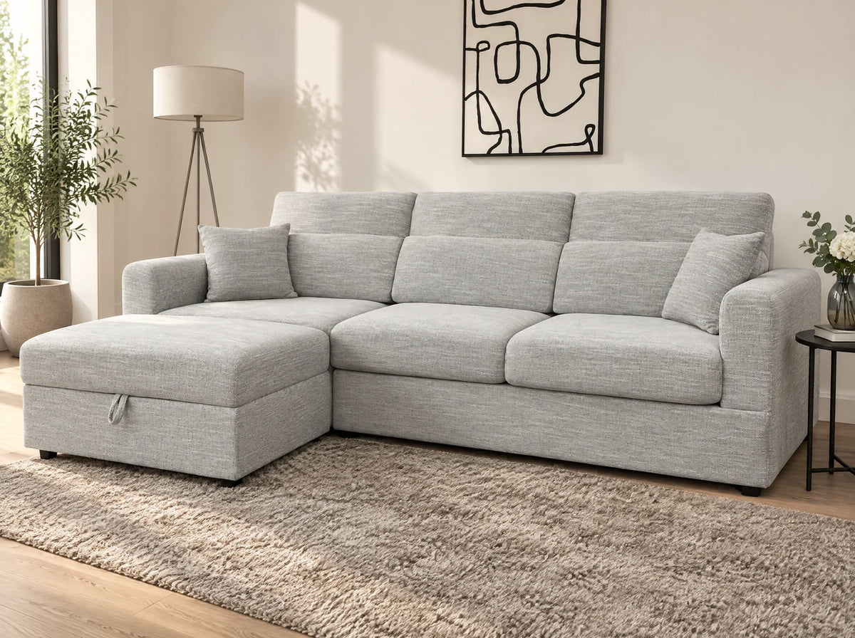 Duncan Chaise Corner Sofa and Storage Footstool (Available in Beige or Grey)
