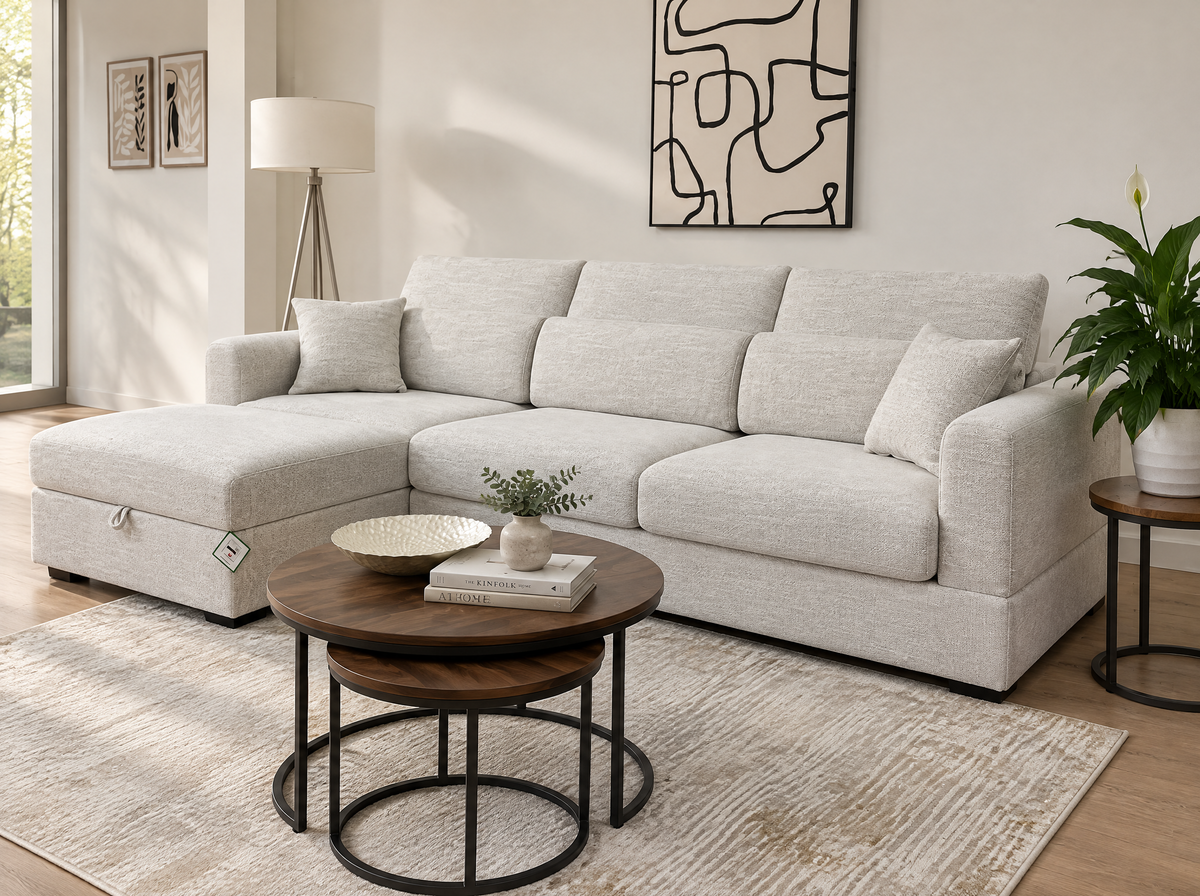 Duncan Chaise Corner Sofa and Storage Footstool (Available in Beige or Grey)