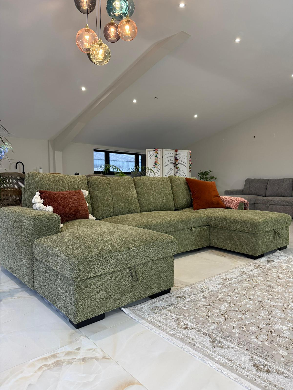 Vareena U-Shape Sofa Bed with Storage (Available in Chenille Light Grey, Dark Grey, Blue, Beige or Green)