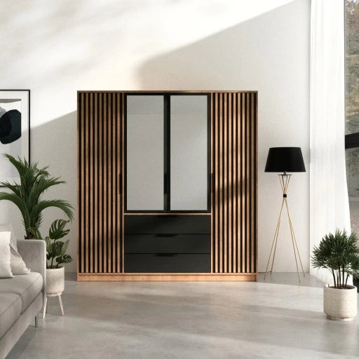 196cm San Francisco Wardrobe (Available in black/oak wotan or white/oak wotan)