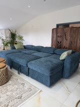 Samara U-Shape Sofa Bed with Storage (Available in Chenille Grey, Blue, Beige or Green)