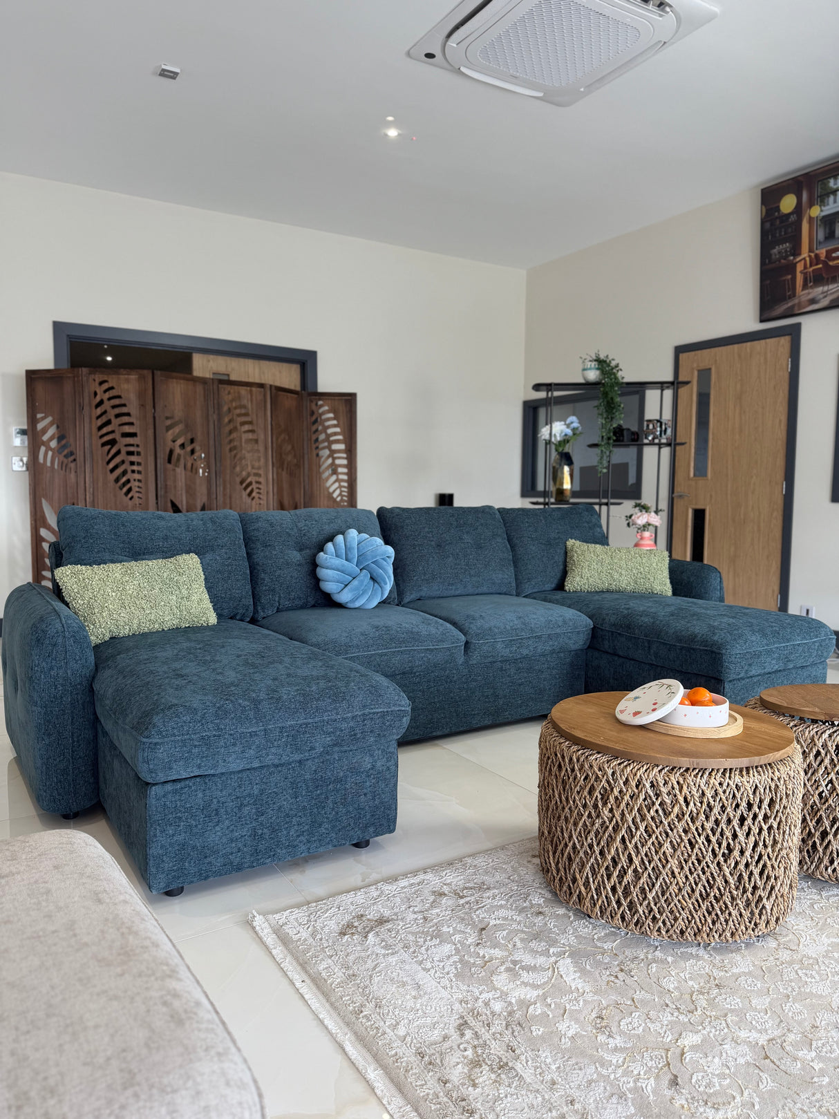 Samara U-Shape Sofa Bed with Storage (Available in Chenille Grey, Blue, Beige or Green)