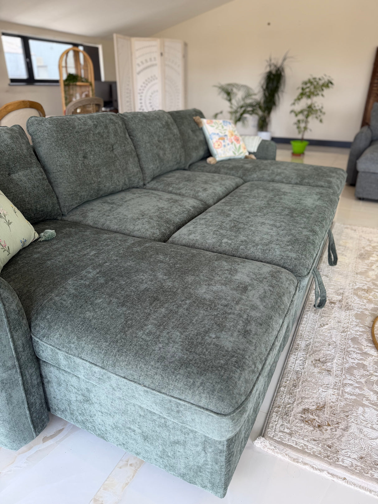 Samara U-Shape Sofa Bed with Storage (Available in Chenille Grey, Blue, Beige or Green)