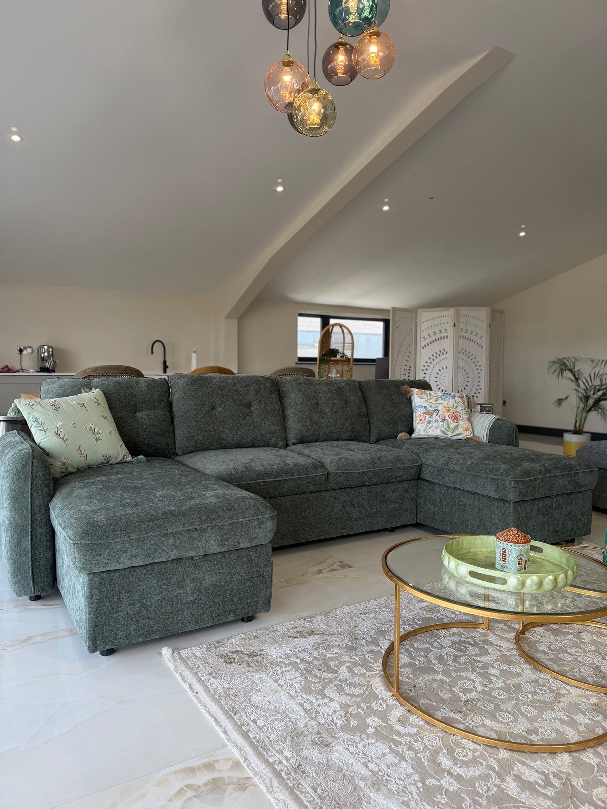 Samara U-Shape Sofa Bed with Storage (Available in Chenille Grey, Blue, Beige or Green)